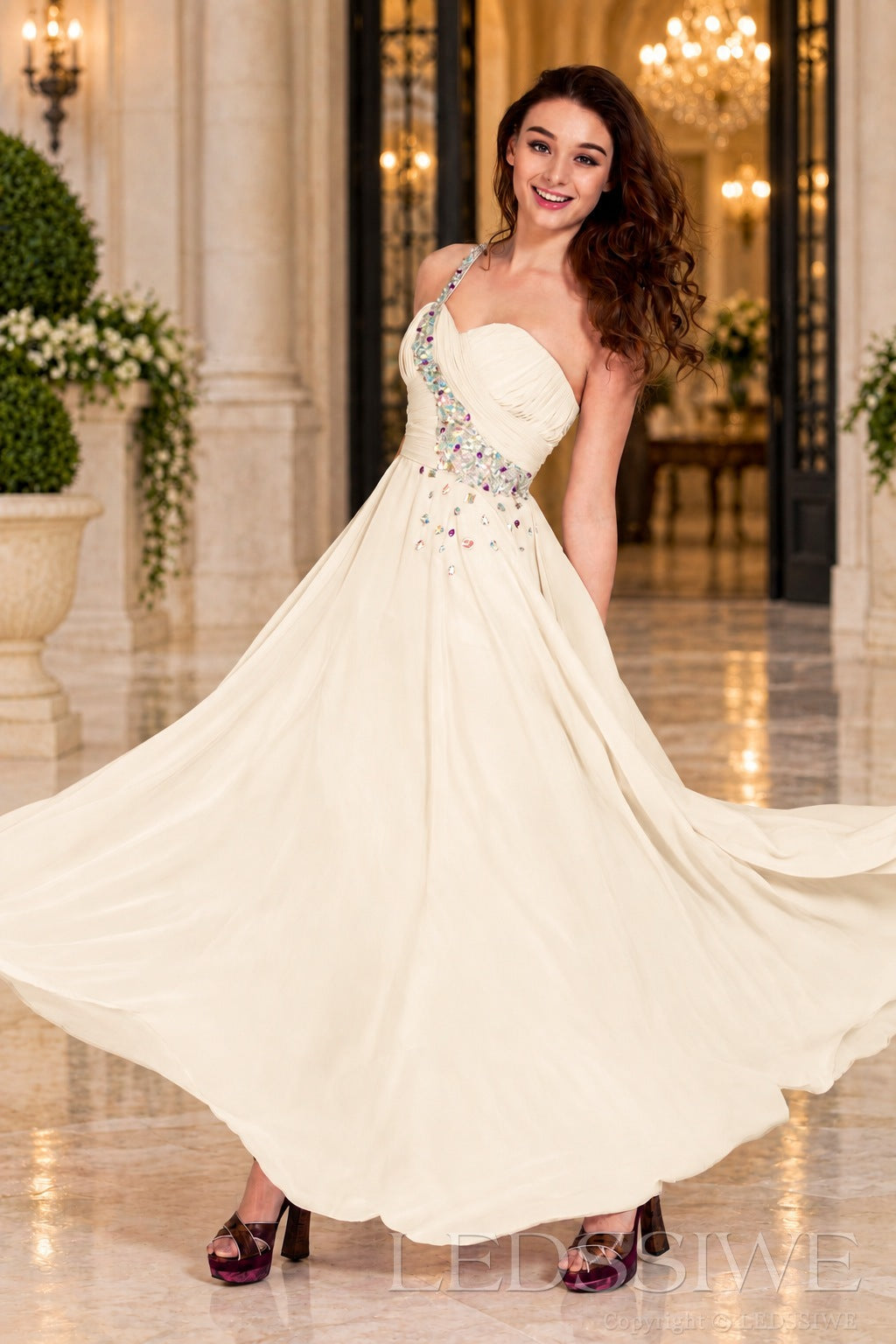 ivory chiffon a-line prom dress with beaded sweetheart bodice and spaghetti strap