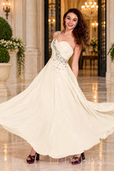 ivory chiffon a-line prom dress with beaded sweetheart bodice and spaghetti strap