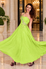 lime-green chiffon a-line prom dress with beaded sweetheart bodice and spaghetti strap