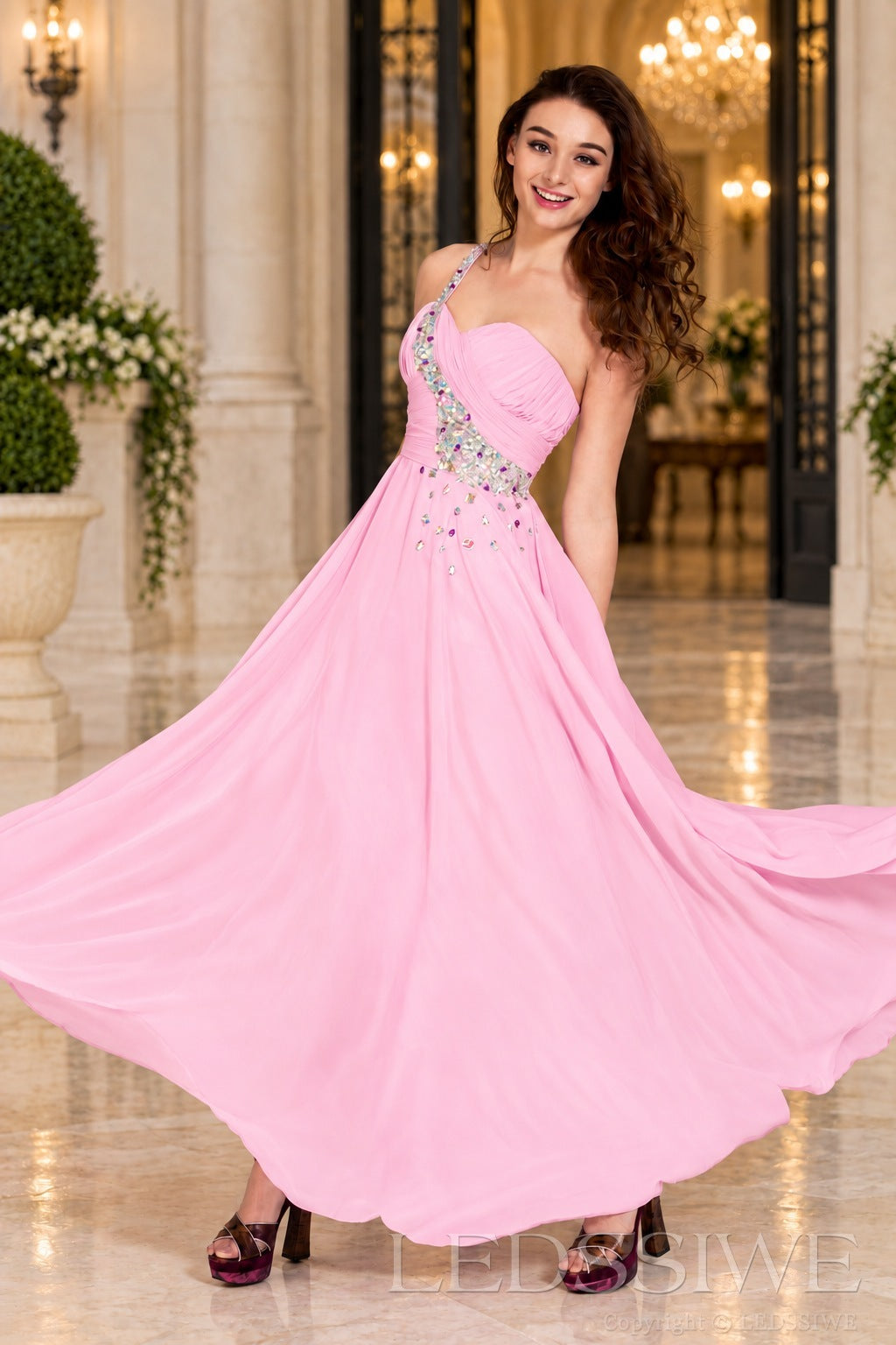 pink chiffon a-line prom dress with beaded sweetheart bodice and spaghetti strap