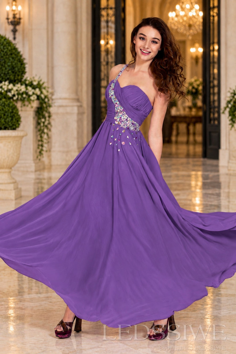 purple chiffon a-line prom dress with beaded sweetheart bodice and spaghetti strap