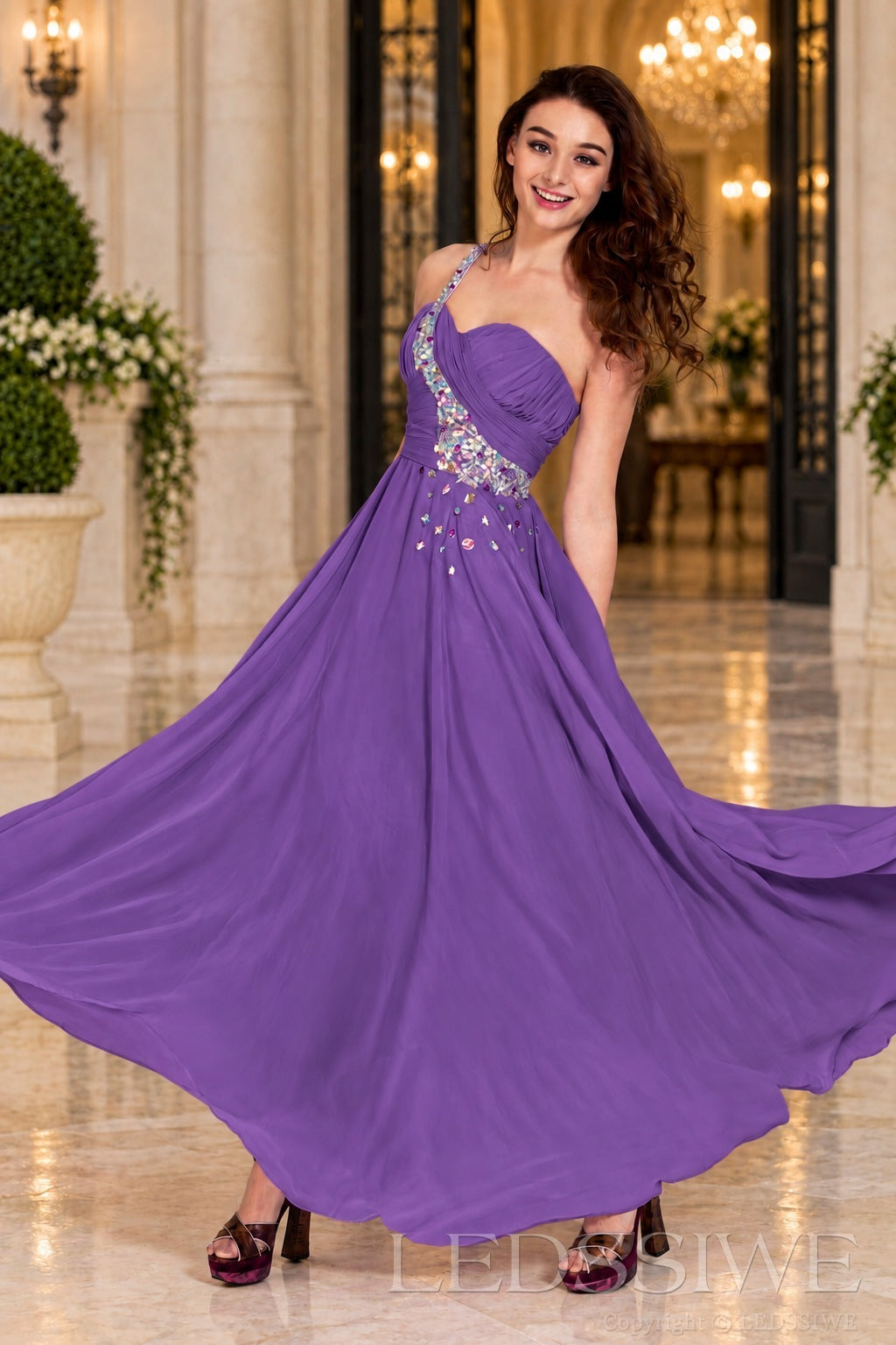 purple chiffon a-line prom dress with beaded sweetheart bodice and spaghetti strap