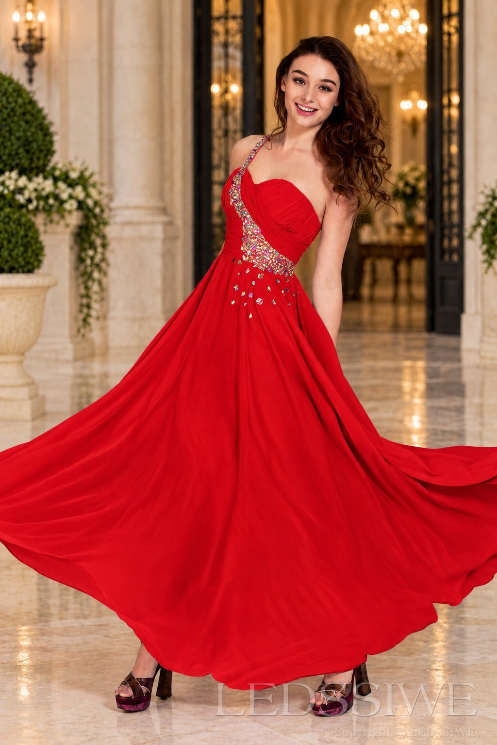 red chiffon a-line prom dress with beaded sweetheart bodice and spaghetti strap