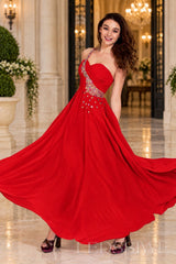 red chiffon a-line prom dress with beaded sweetheart bodice and spaghetti strap
