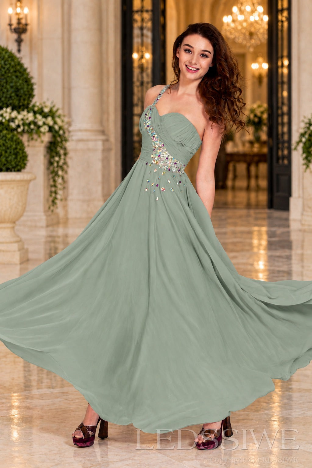 sage chiffon a-line prom dress with beaded sweetheart bodice and spaghetti strap