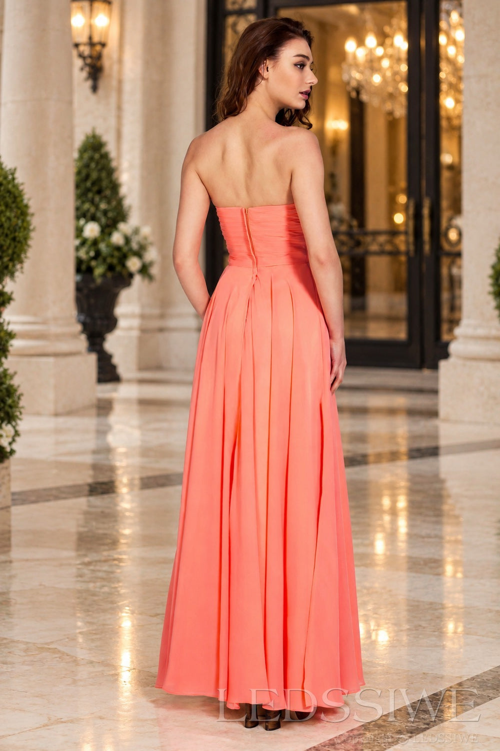 watermelon strapless chiffon sweetheart a-line prom dress with ruched bodice side view