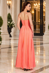 watermelon strapless chiffon sweetheart a-line prom dress with ruched bodice side view