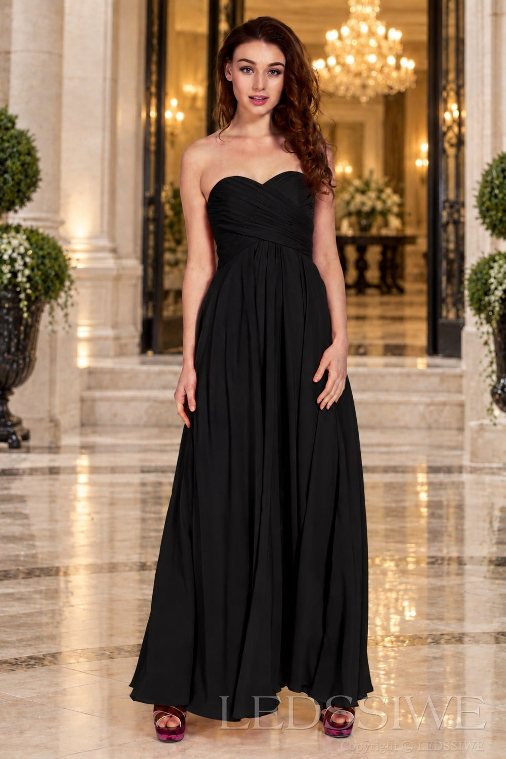 black strapless chiffon sweetheart a-line prom dress with ruched bodice