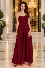 burgundy strapless chiffon sweetheart a-line prom dress with ruched bodice