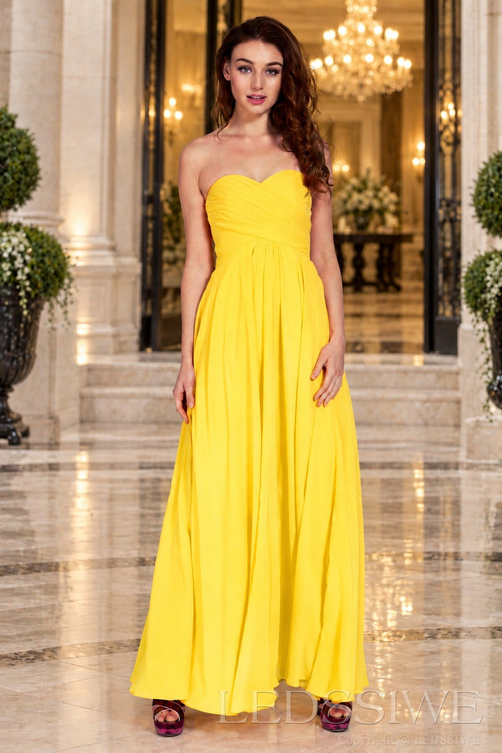 daffodil strapless chiffon sweetheart a-line prom dress with ruched bodice