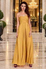 gold strapless chiffon sweetheart a-line prom dress with ruched bodice