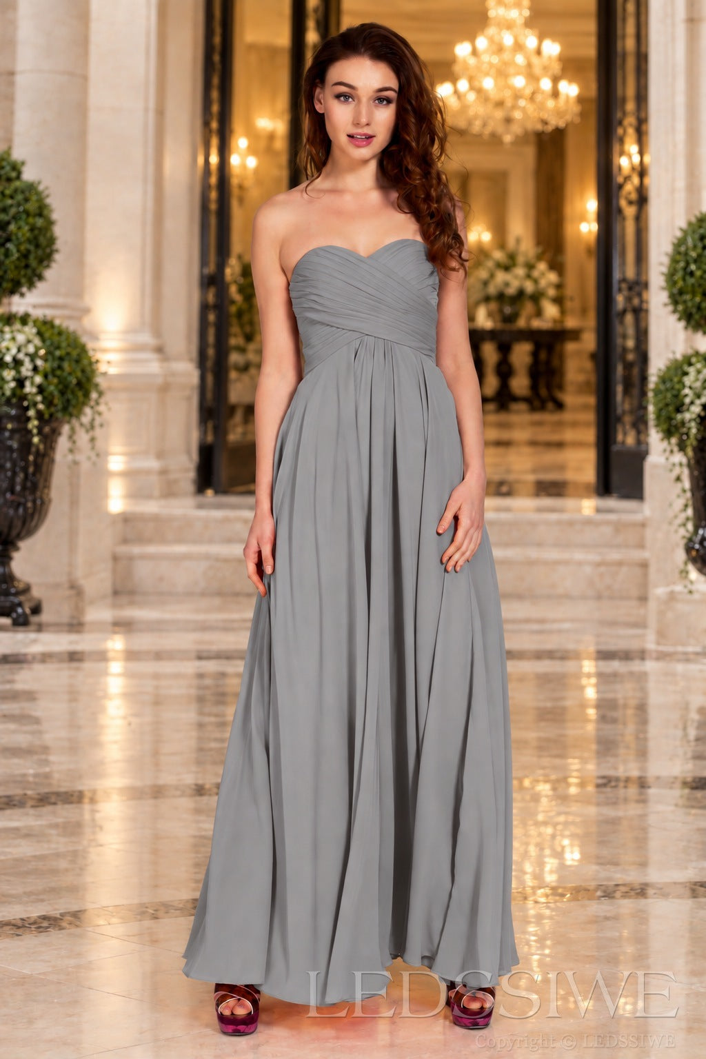 grey strapless chiffon sweetheart a-line prom dress with ruched bodice