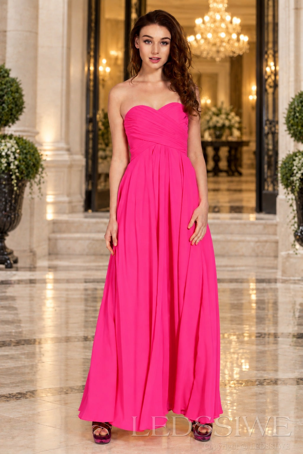 hot-pink strapless chiffon sweetheart a-line prom dress with ruched bodice