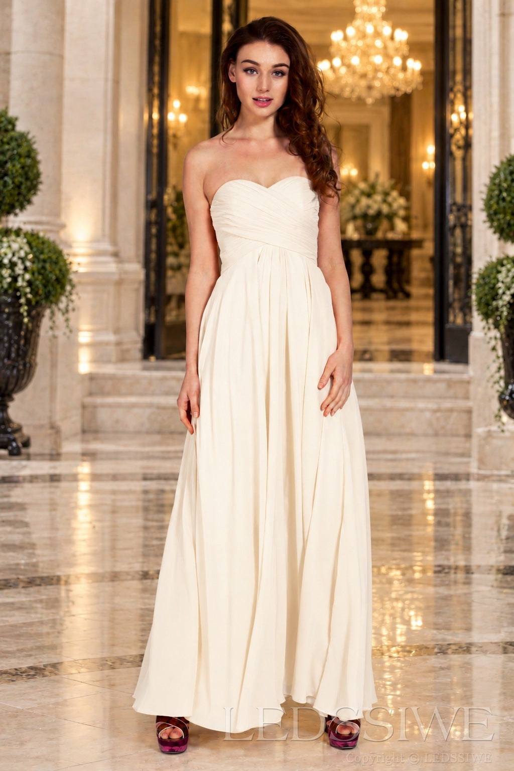 ivory strapless chiffon sweetheart a-line prom dress with ruched bodice