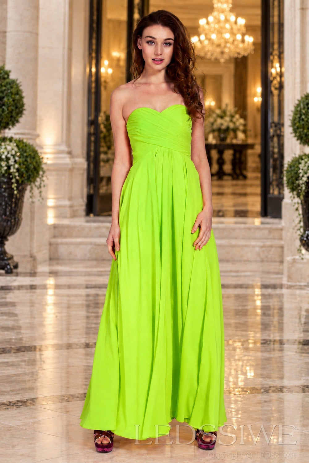 lime-green strapless chiffon sweetheart a-line prom dress with ruched bodice