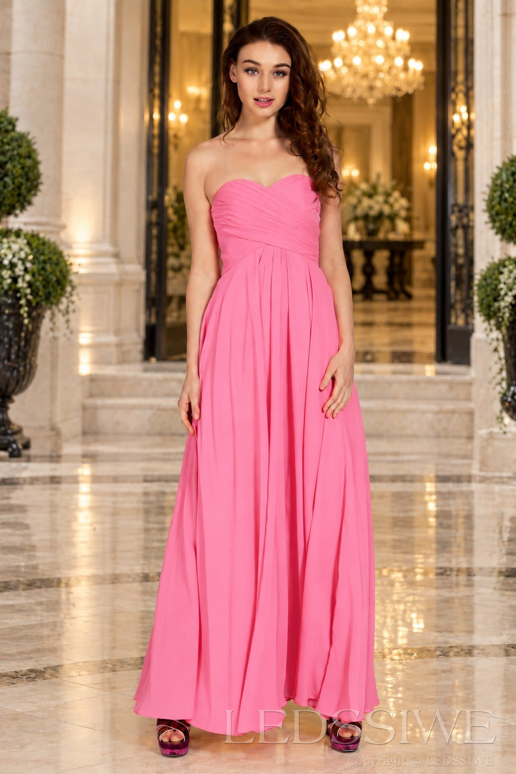 pink strapless chiffon sweetheart a-line prom dress with ruched bodice