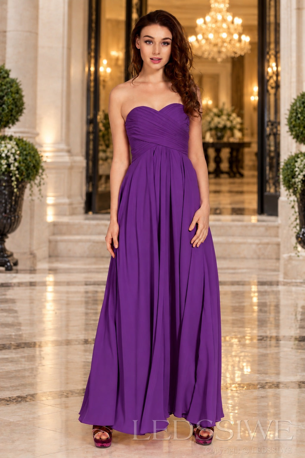purple strapless chiffon sweetheart a-line prom dress with ruched bodice
