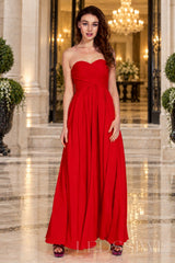 red strapless chiffon sweetheart a-line prom dress with ruched bodice