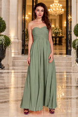 sage strapless chiffon sweetheart a-line prom dress with ruched bodice