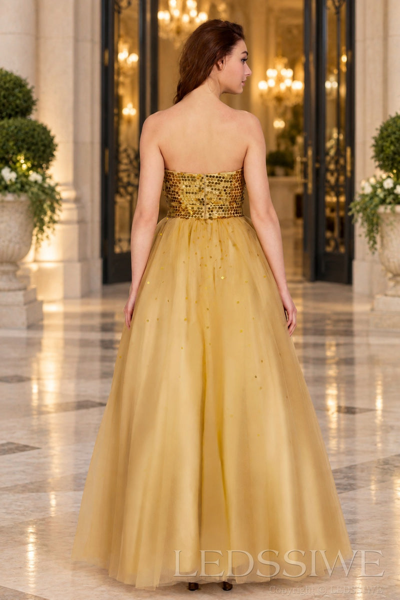 gold strapless sequin sweetheart a-line prom dress with tulle skirt back view