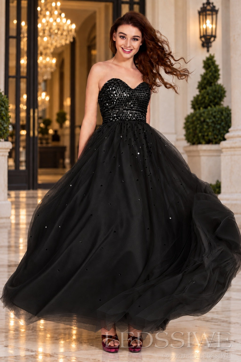 black strapless sequin sweetheart a-line prom dress with tulle skirt