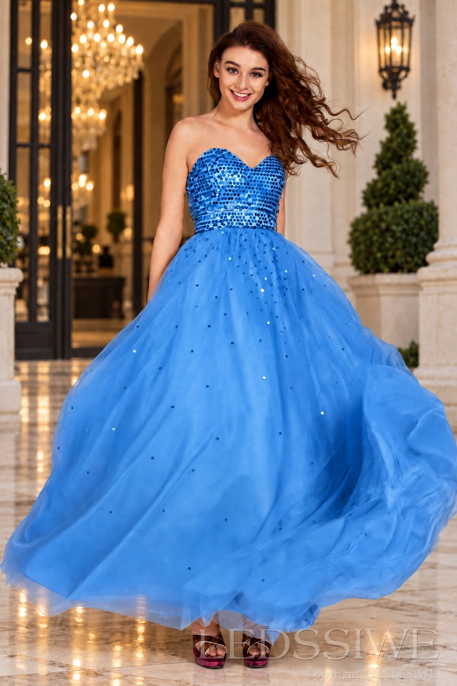 blue strapless sequin sweetheart a-line prom dress with tulle skirt