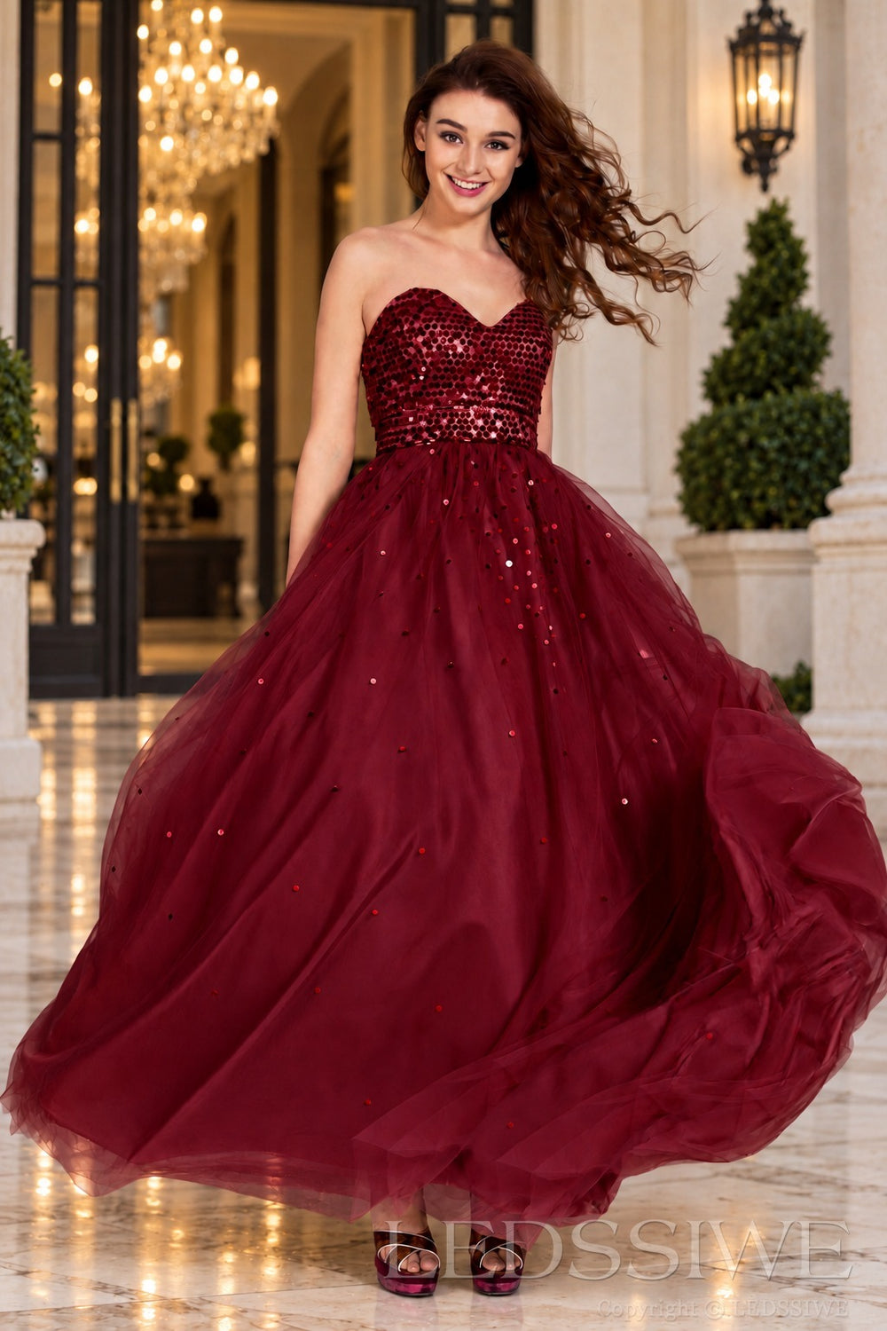 burgundy strapless sequin sweetheart a-line prom dress with tulle skirt