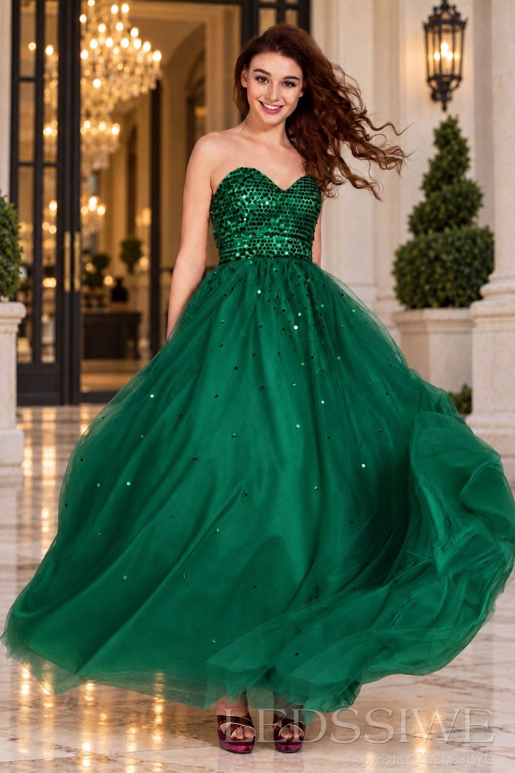 emerald strapless sequin sweetheart a-line prom dress with tulle skirt