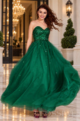 emerald strapless sequin sweetheart a-line prom dress with tulle skirt