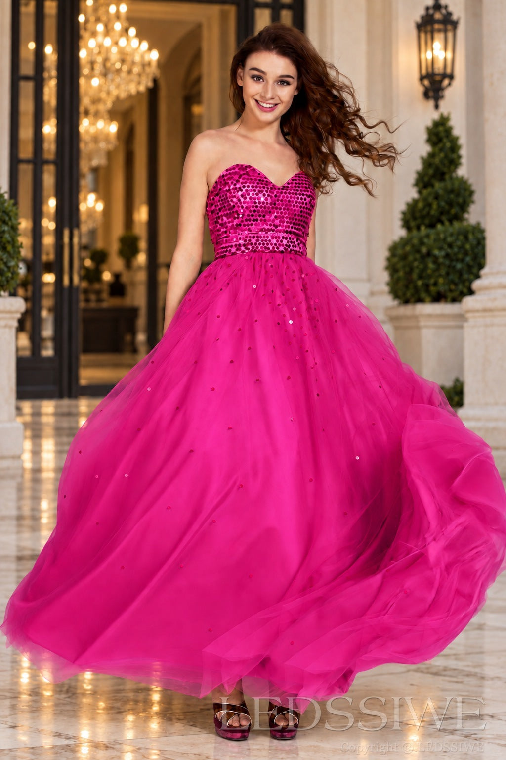fuchsia strapless sequin sweetheart a-line prom dress with tulle skirt