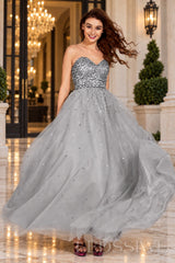 grey strapless sequin sweetheart a-line prom dress with tulle skirt