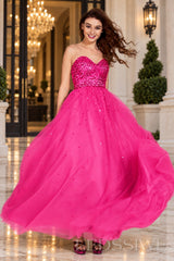 hot-pink strapless sequin sweetheart a-line prom dress with tulle skirt