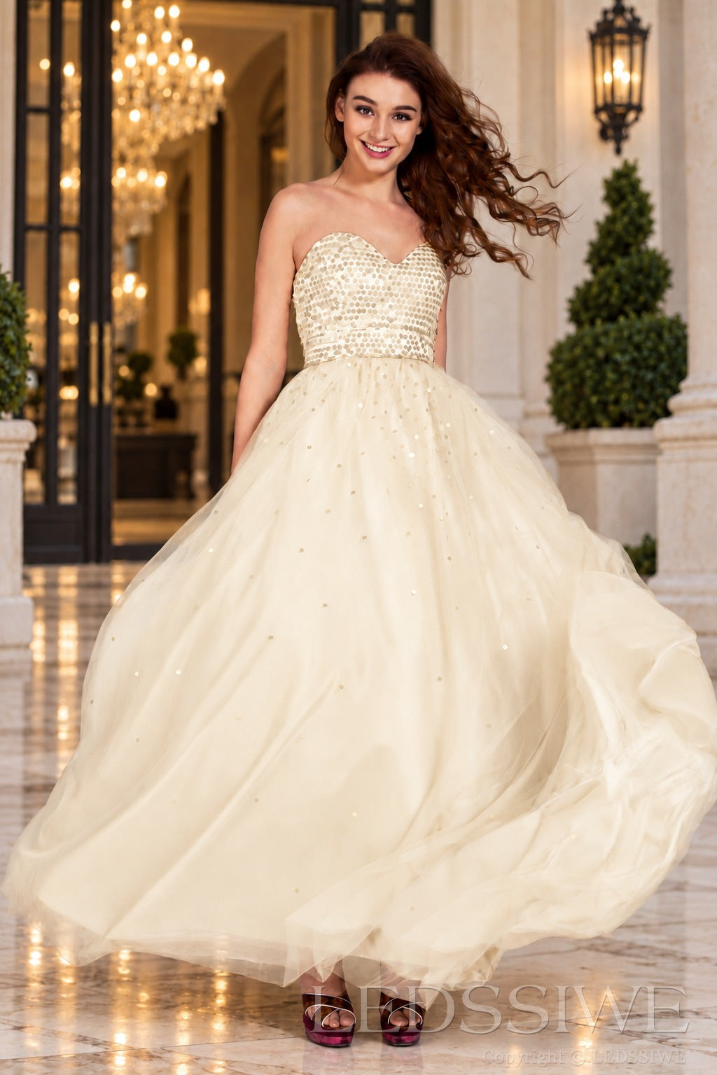 ivory strapless sequin sweetheart a-line prom dress with tulle skirt