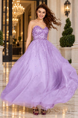 lavender strapless sequin sweetheart a-line prom dress with tulle skirt