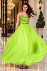 lime-green strapless sequin sweetheart a-line prom dress with tulle skirt