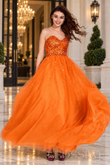 orange strapless sequin sweetheart a-line prom dress with tulle skirt