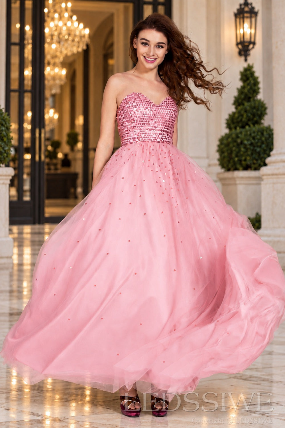 pink strapless sequin sweetheart a-line prom dress with tulle skirt