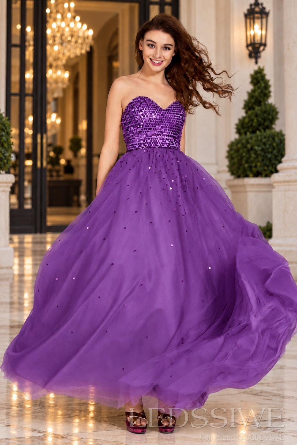 purple strapless sequin sweetheart a-line prom dress with tulle skirt