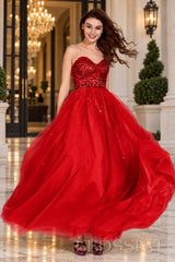 red strapless sequin sweetheart a-line prom dress with tulle skirt