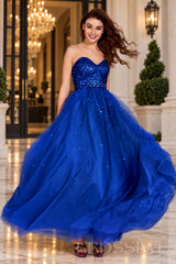 royal-blue strapless sequin sweetheart a-line prom dress with tulle skirt