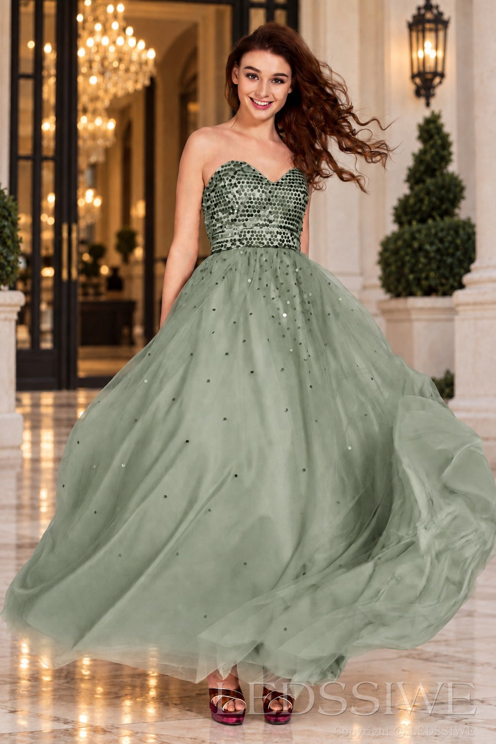 sage strapless sequin sweetheart a-line prom dress with tulle skirt