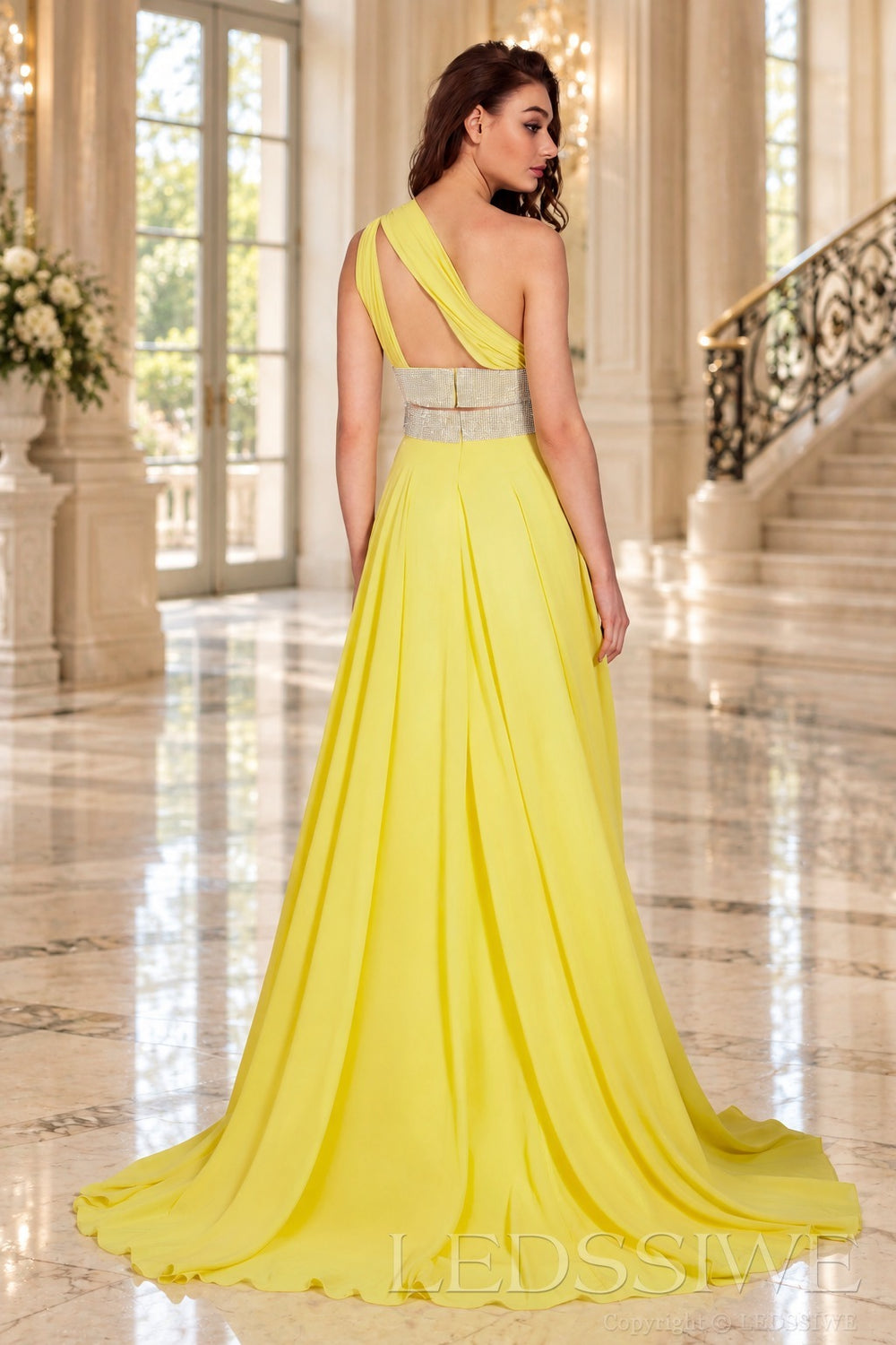 daffodil one-shoulder chiffon a-line prom dress with beaded waist and ruched bodice back view
