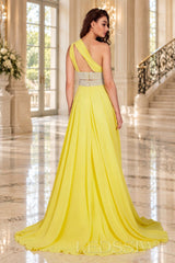 daffodil one-shoulder chiffon a-line prom dress with beaded waist and ruched bodice back view
