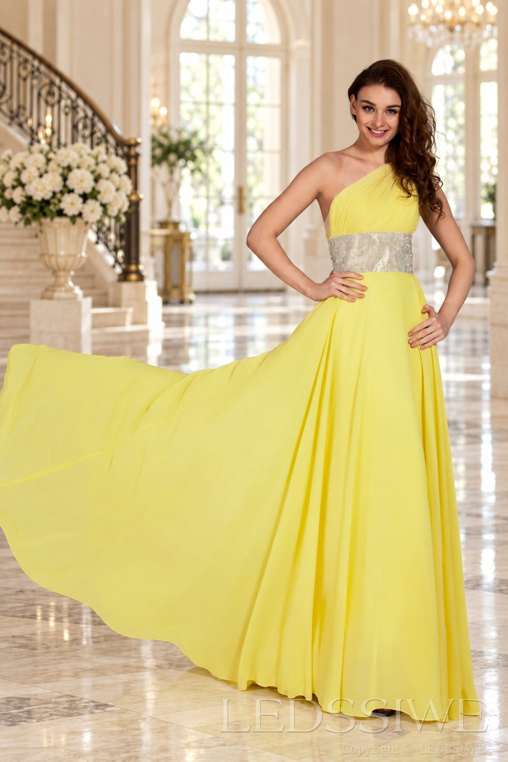 daffodil one-shoulder chiffon a-line prom dress with beaded waist and ruched bodice side view