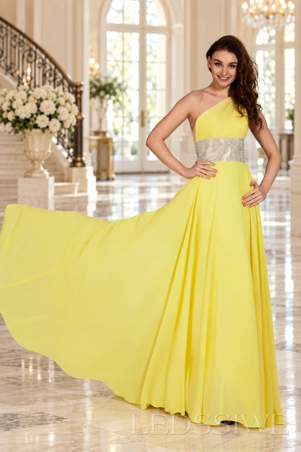 daffodil one-shoulder chiffon a-line prom dress with beaded waist and ruched bodice side view