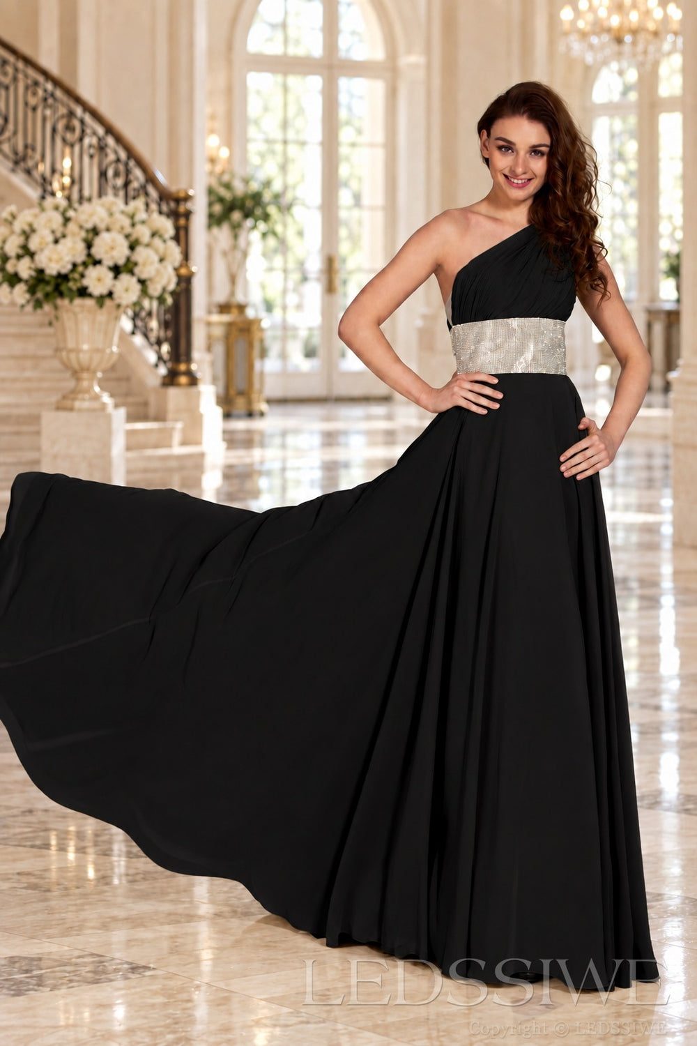 black one-shoulder chiffon a-line prom dress with beaded waist and ruched bodice