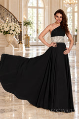 black one-shoulder chiffon a-line prom dress with beaded waist and ruched bodice