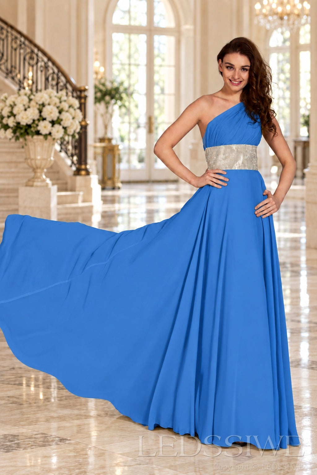 blue one-shoulder chiffon a-line prom dress with beaded waist and ruched bodice