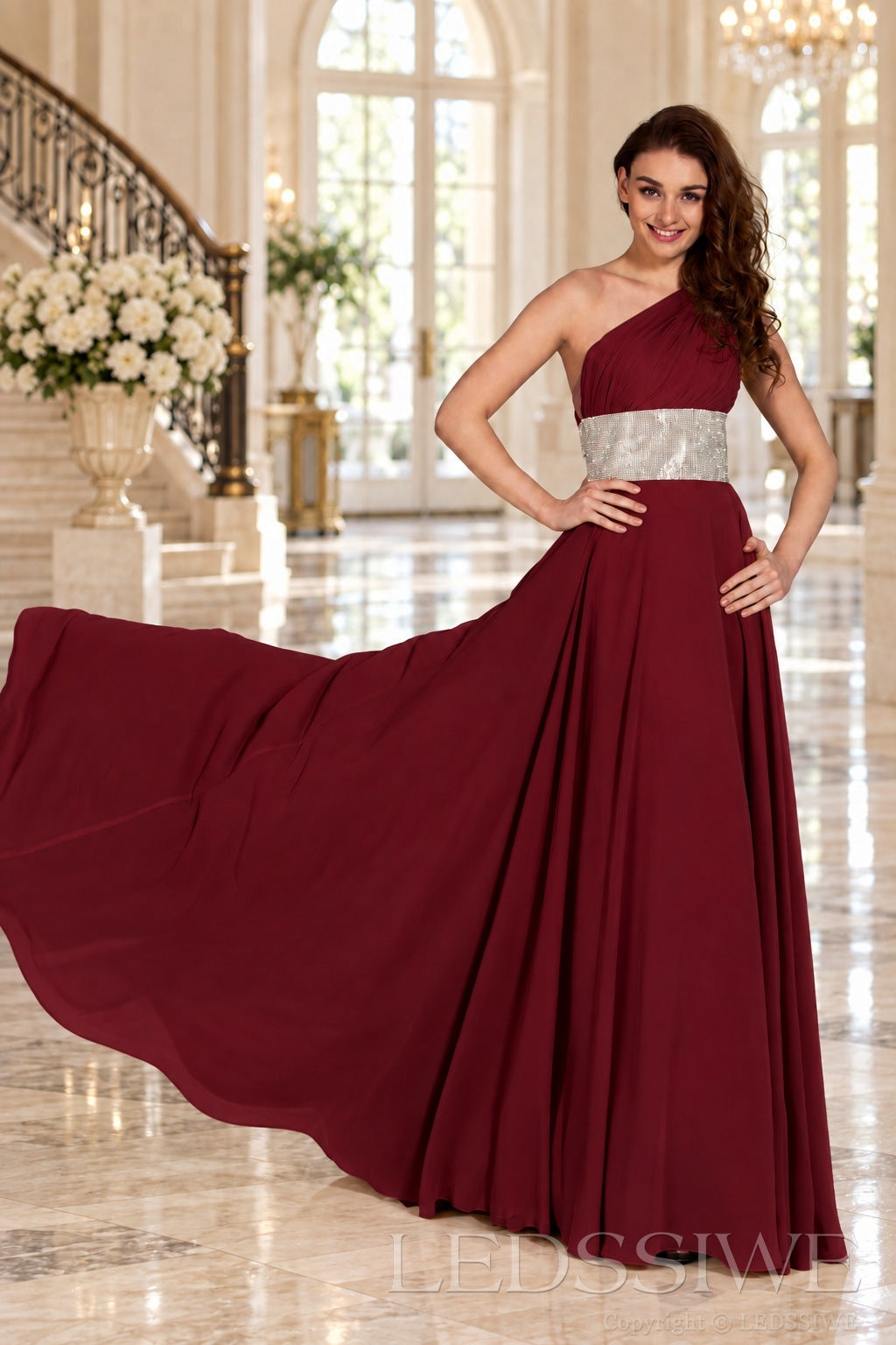 burgundy one-shoulder chiffon a-line prom dress with beaded waist and ruched bodice