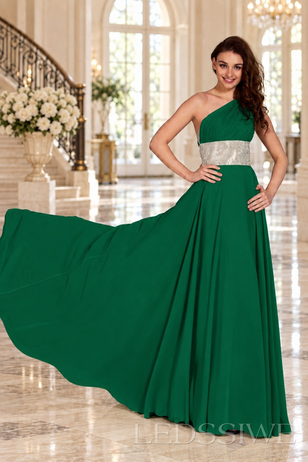 emerald one-shoulder chiffon a-line prom dress with beaded waist and ruched bodice